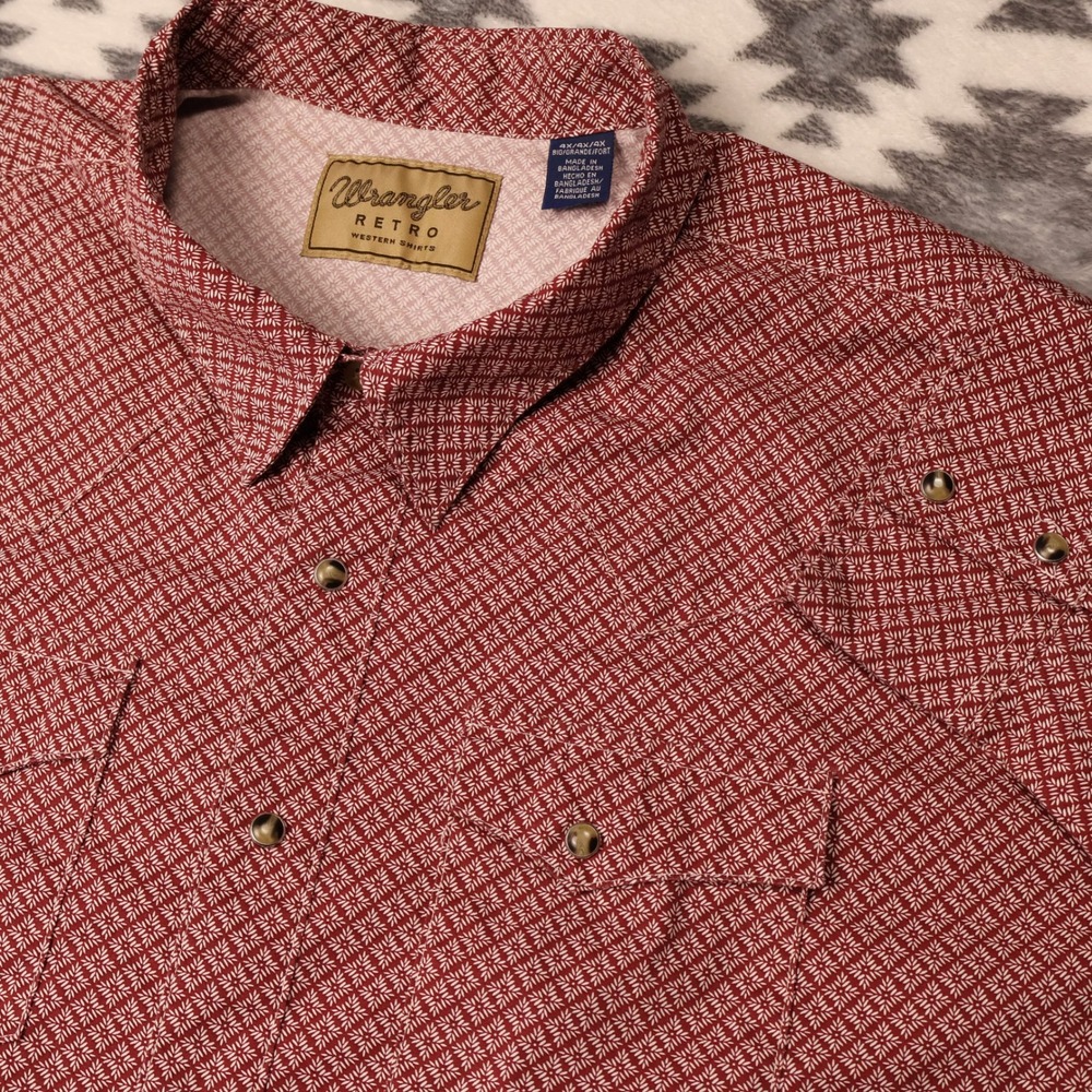 Wrangler Retro Western Shirt Mens 4X Red Geometric Starburst Pearl Snap Long Slv
